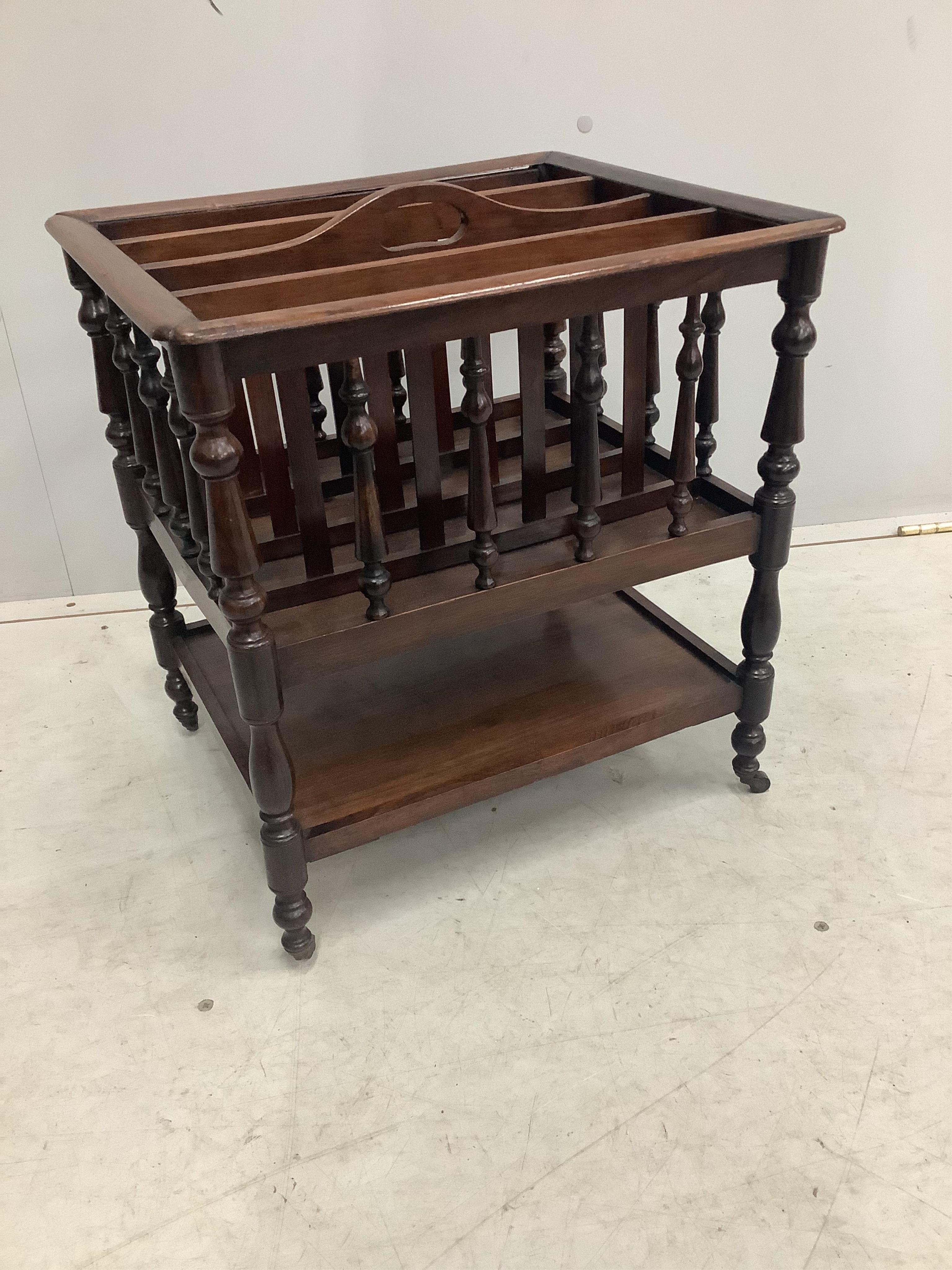 A Victorian rosewood four division Canterbury, width 43cm, depth 36cm, height 45cm. Condition - fair to good